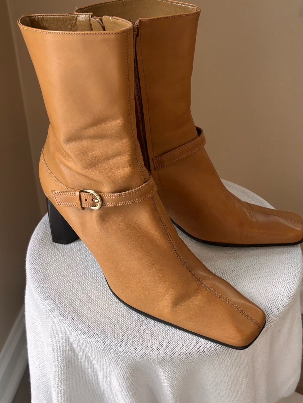 Enzo Angiolini Women's Tan Leather Y2K Square Toe Ankle Boots Size 7